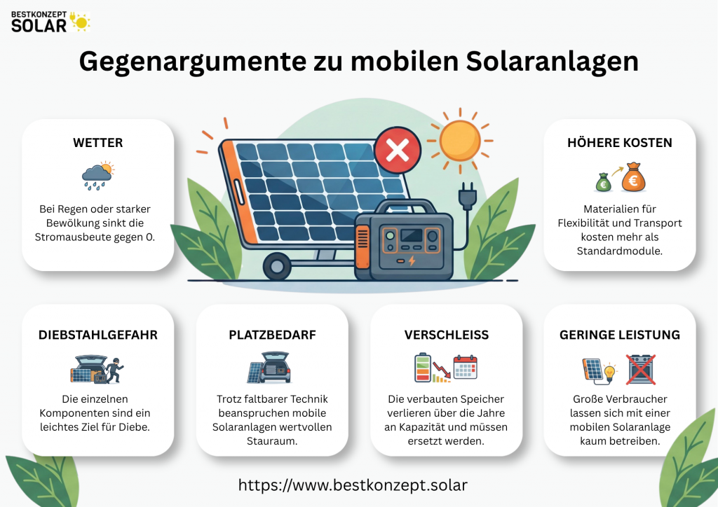 Was spricht gegen eine mobile Solaranlage?: höhere Kosten, Diebstahlgefahr, Platzbedarf, Verschleiß, geringe Leistung, wechselnde Wetter-Bedingungen